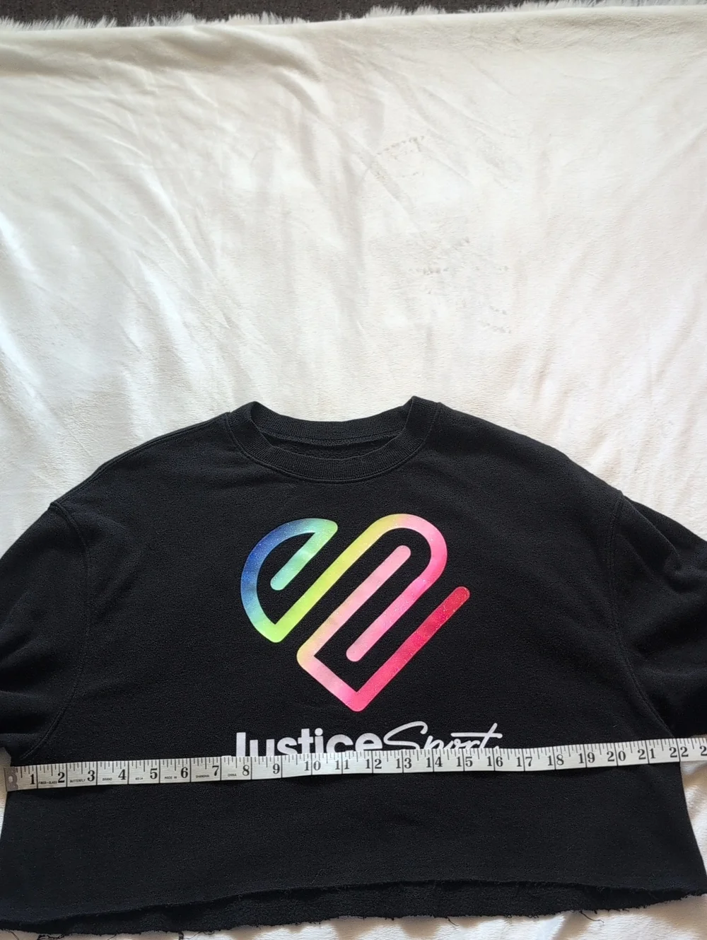 Justice Black Cropped Sweatshirt with Rainbow Heart Logo